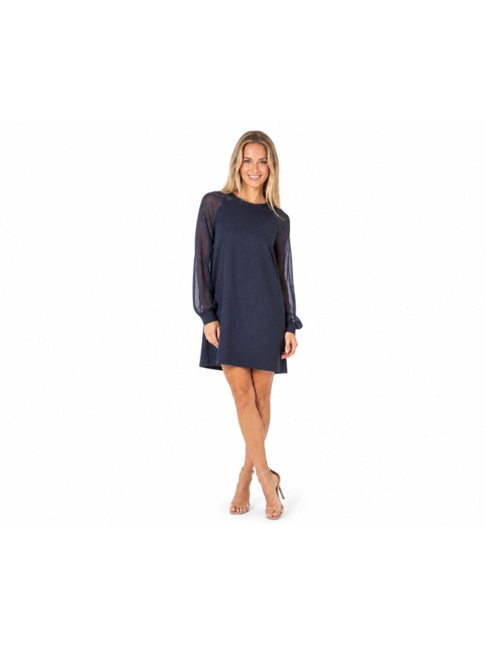 New Calvin Klein Navy Size 2P Sheath Dress With Sheer Sleeves & Back Zipper